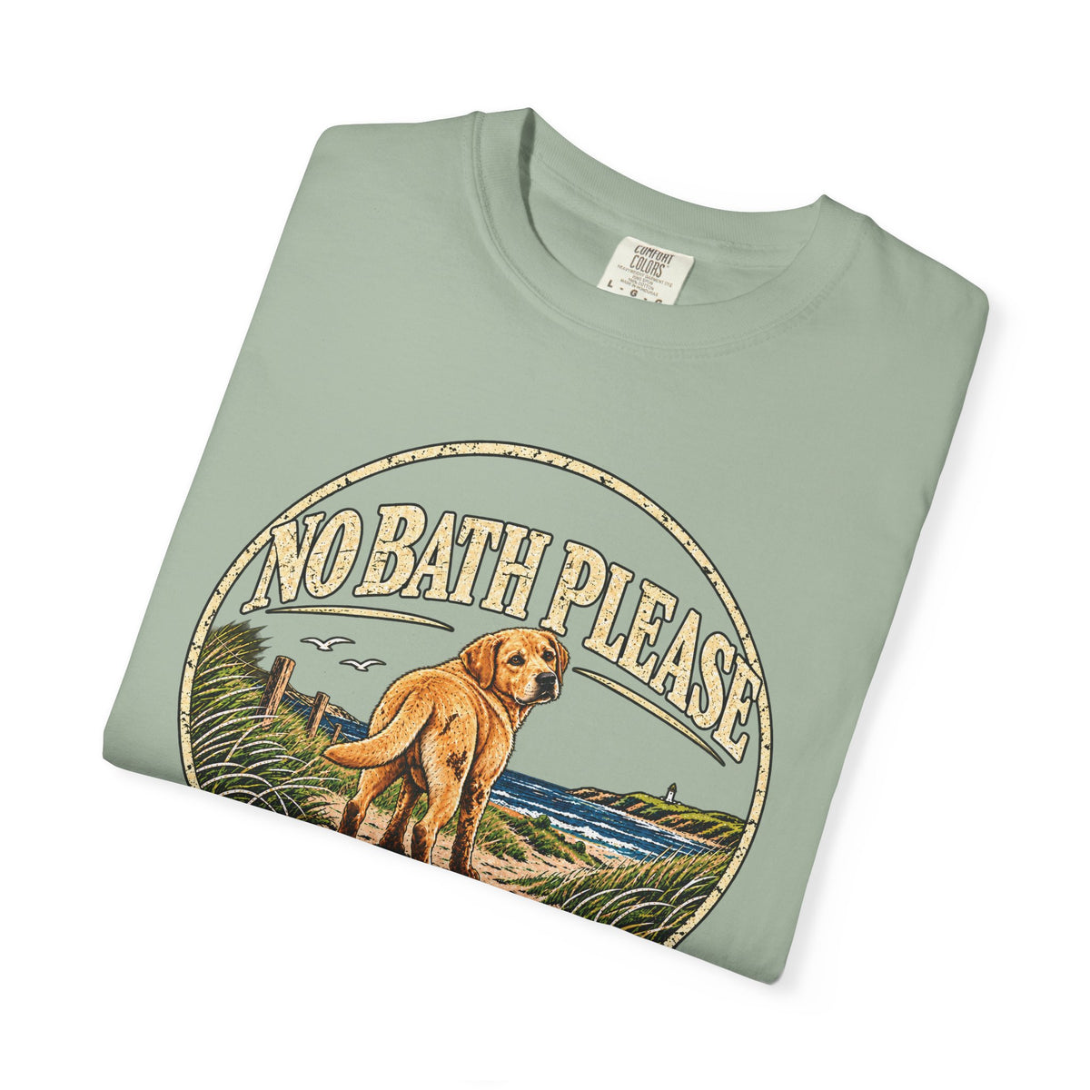 Folded Brinehound T-shirt showing dog in a No Bath Please coastal badge.