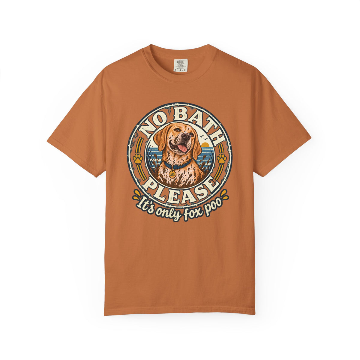 Brinehound T-shirt showing golden spaniel in a No Bath Please coastal badge.