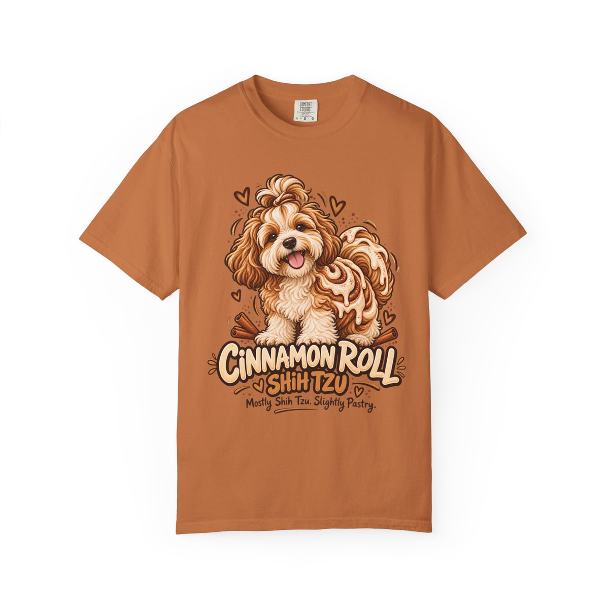Brinehound T-shirt showing Cinnamon Roll lettering and a shaggy Shih Tzu.