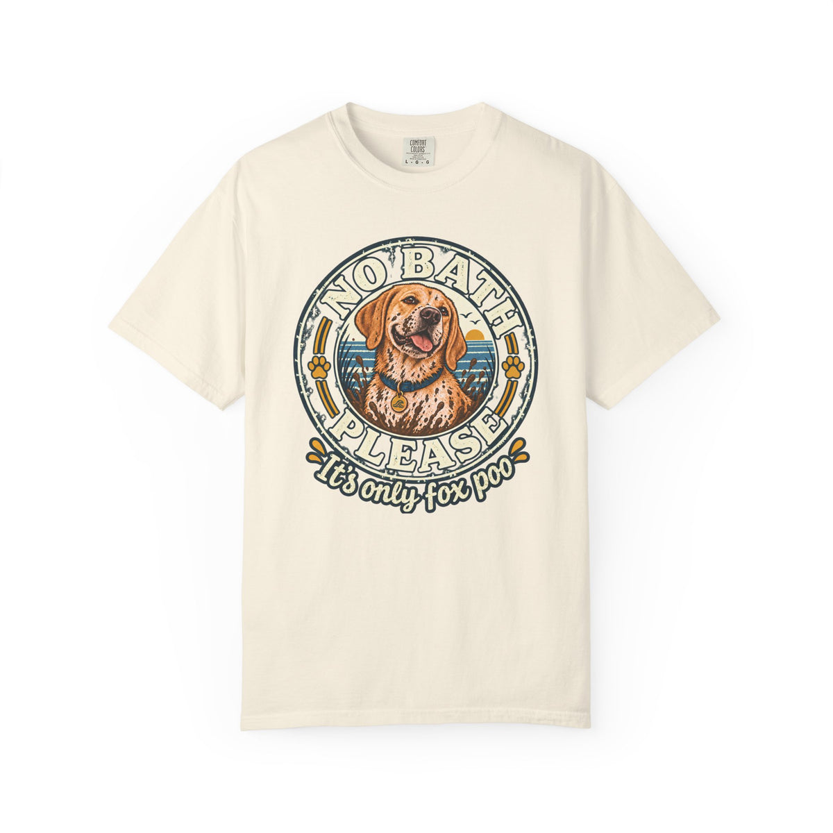 Brinehound T-shirt showing golden spaniel in a No Bath Please coastal badge.