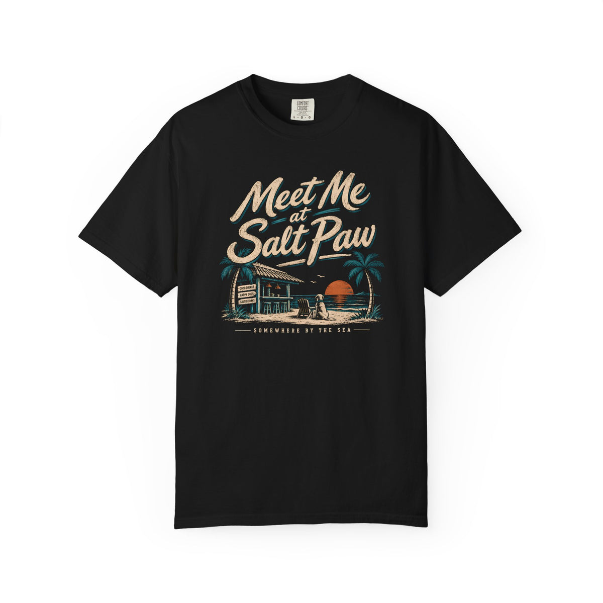 Brinehound T-shirt showing Meet Me at Salt Paw lettering and a beach-bar scene.