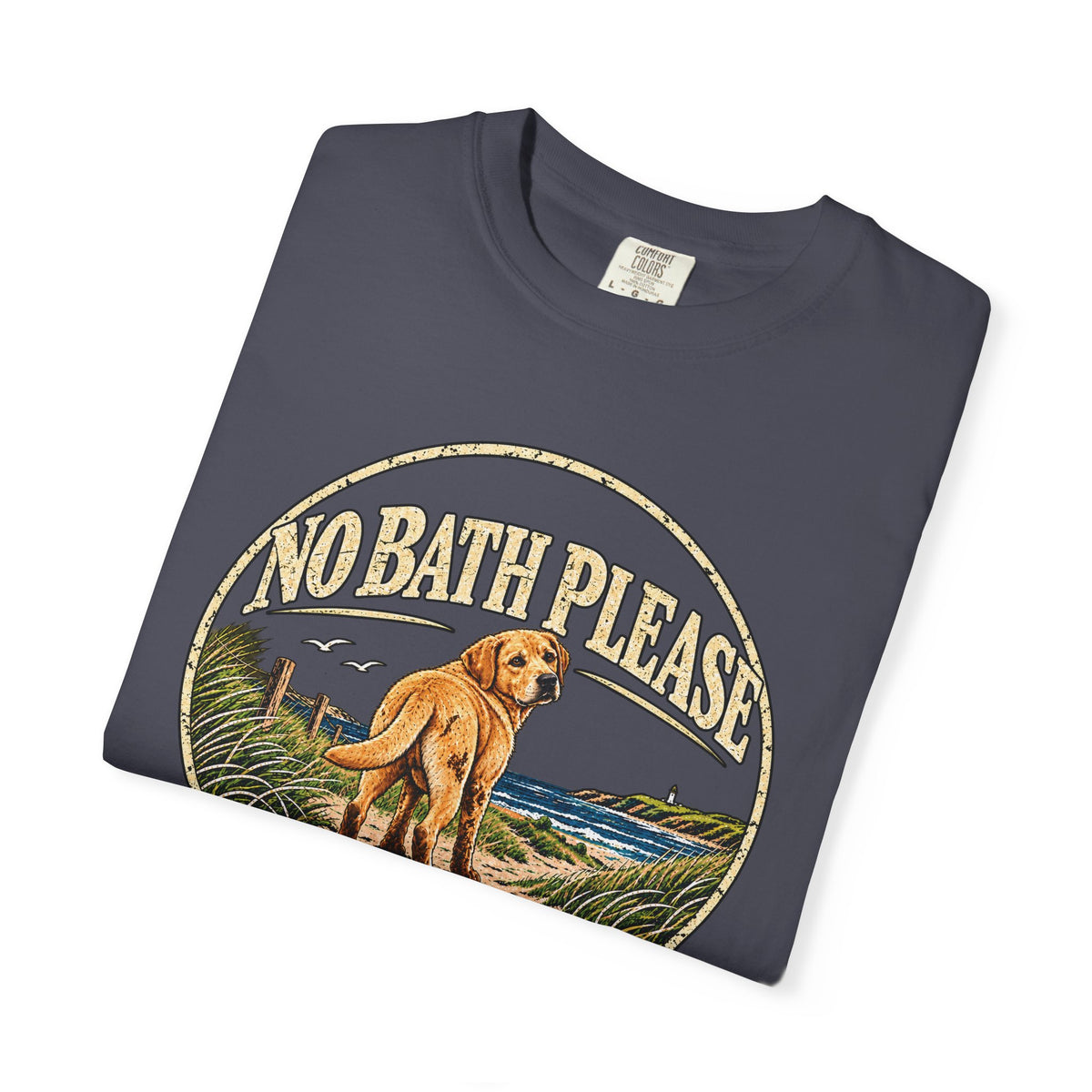 Folded Brinehound T-shirt showing dog in a No Bath Please coastal badge.