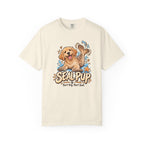 Ivory Seal Pup T-shirt, featuring a golden dog with seal flippers and blue splashes and the wording “Seal Pup — Part Dog. Part Seal.”