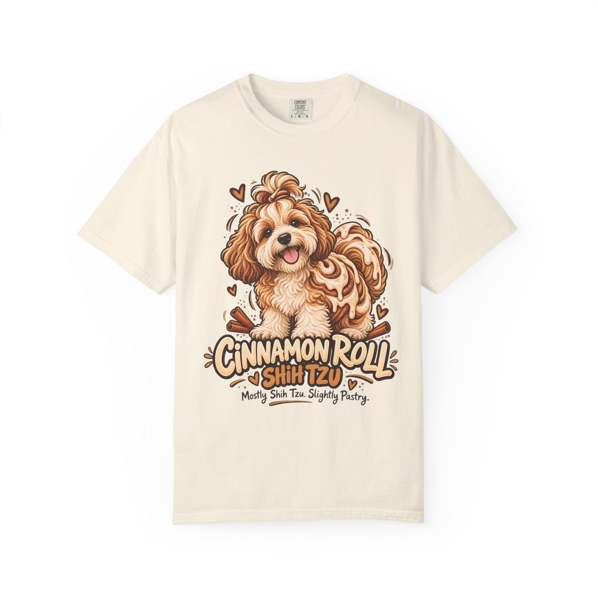 Brinehound T-shirt showing Cinnamon Roll lettering and a shaggy Shih Tzu.