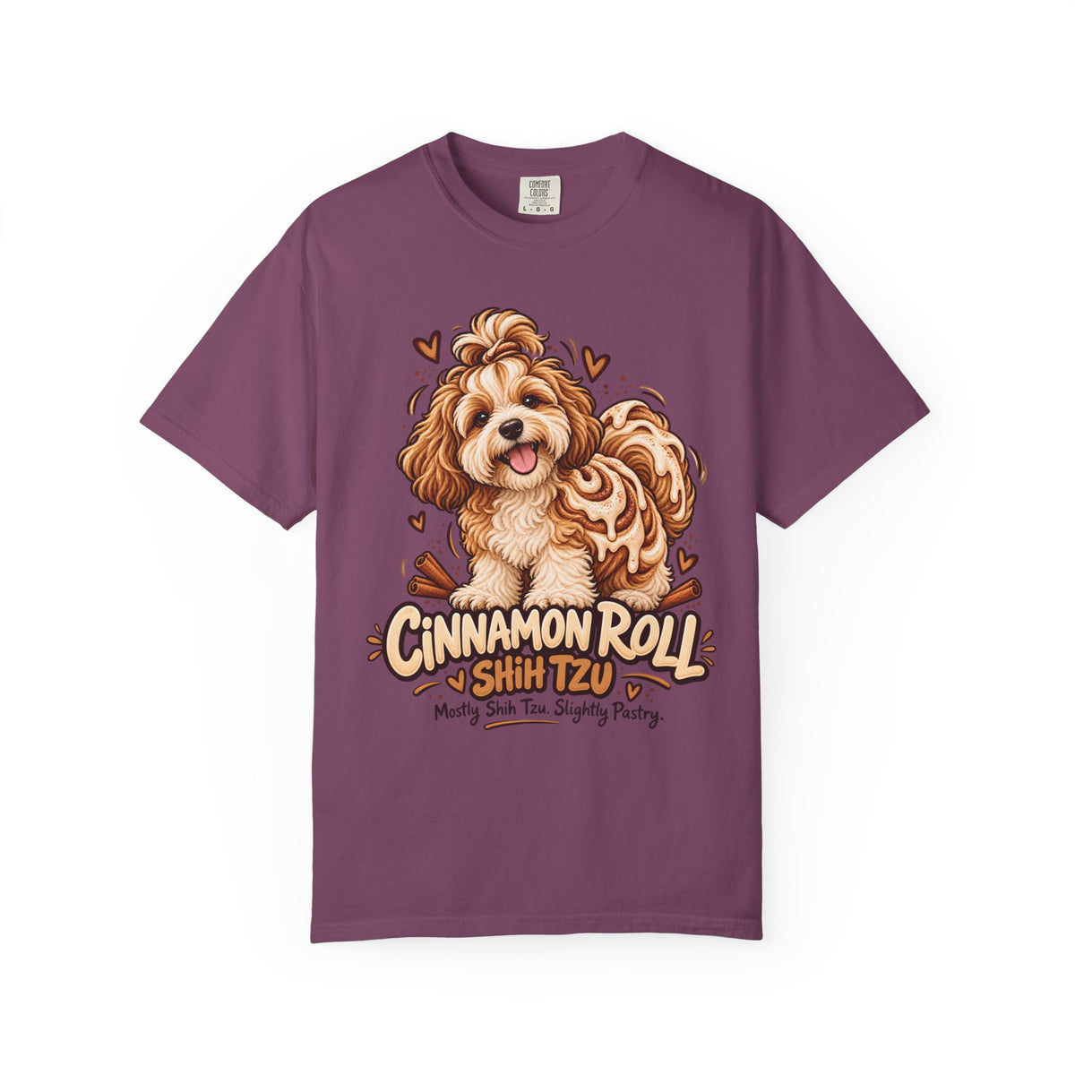 Brinehound T-shirt showing Cinnamon Roll lettering and a shaggy Shih Tzu.