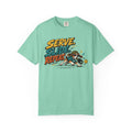 Brinehound T-shirt showing Serve Slide Repeat lettering and a dog in action.