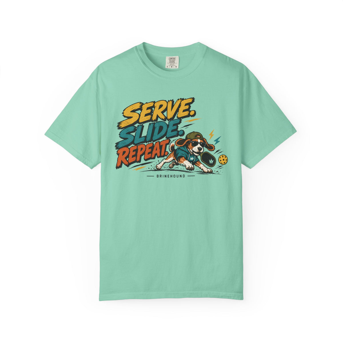 Brinehound T-shirt showing Serve Slide Repeat lettering and a dog in action.
