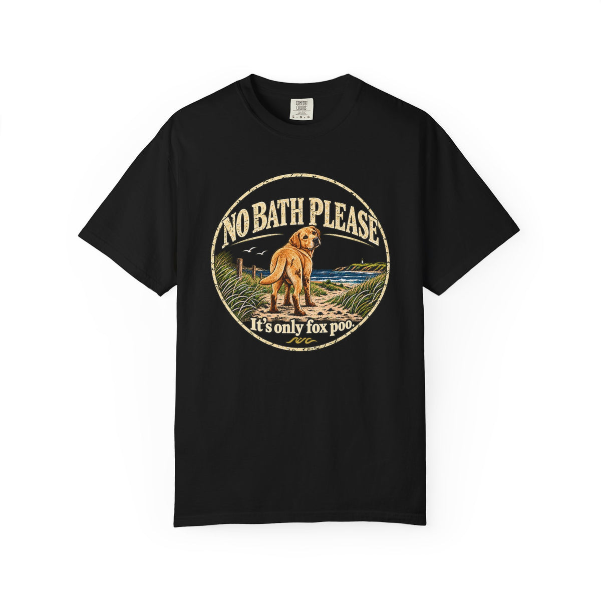 Brinehound T-shirt showing dog in a No Bath Please coastal badge.