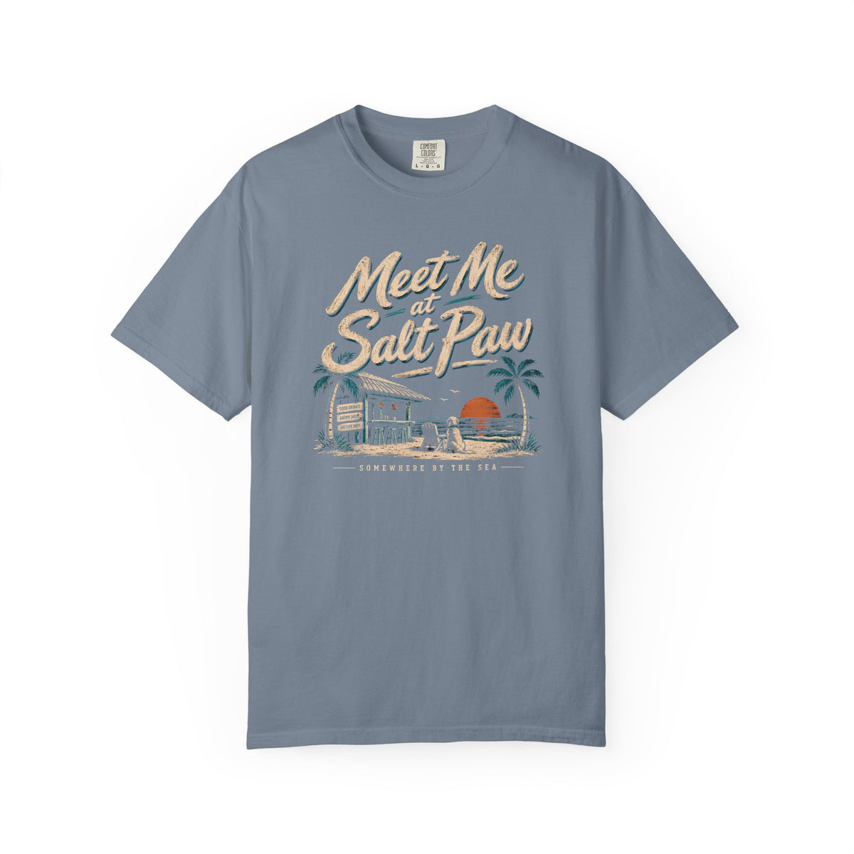 Brinehound T-shirt showing Meet Me at Salt Paw lettering and a beach-bar scene.