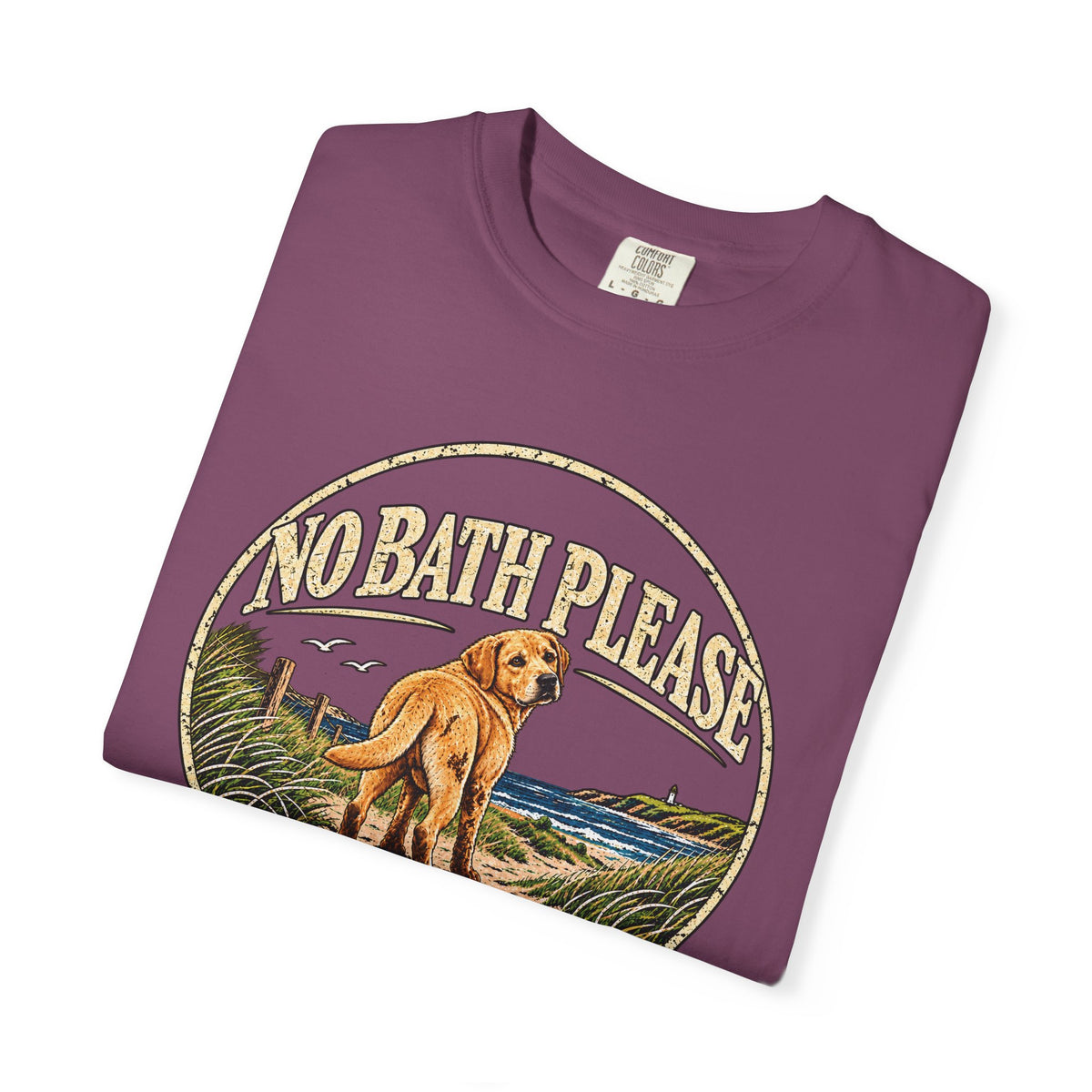 Folded Brinehound T-shirt showing dog in a No Bath Please coastal badge.