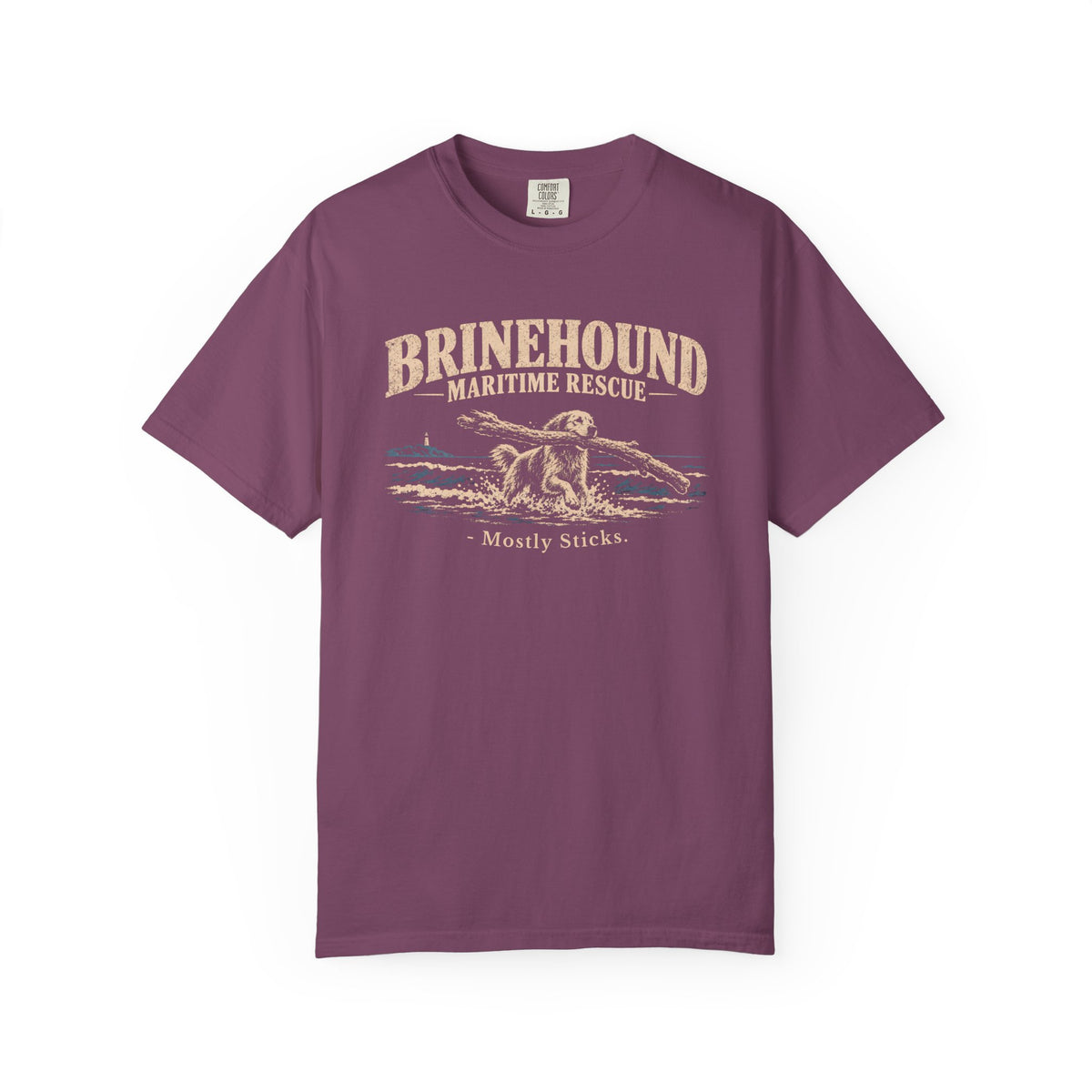 Brinehound T-shirt showing Brinehound Maritime Dogs lettering and a coastal dog illustration.