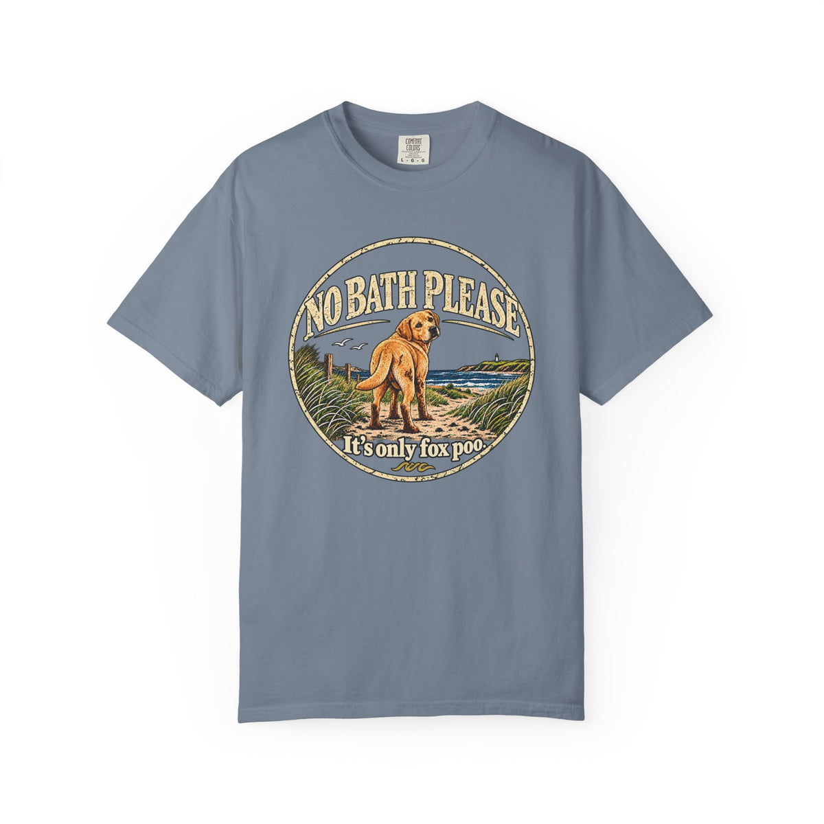 Brinehound T-shirt showing dog in a No Bath Please coastal badge.