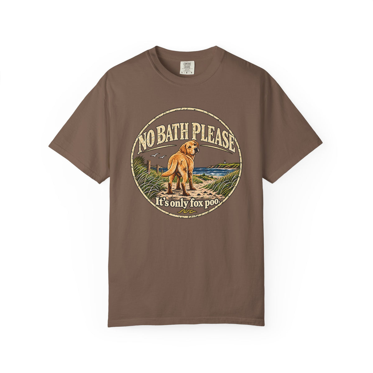 Brinehound T-shirt showing dog in a No Bath Please coastal badge.