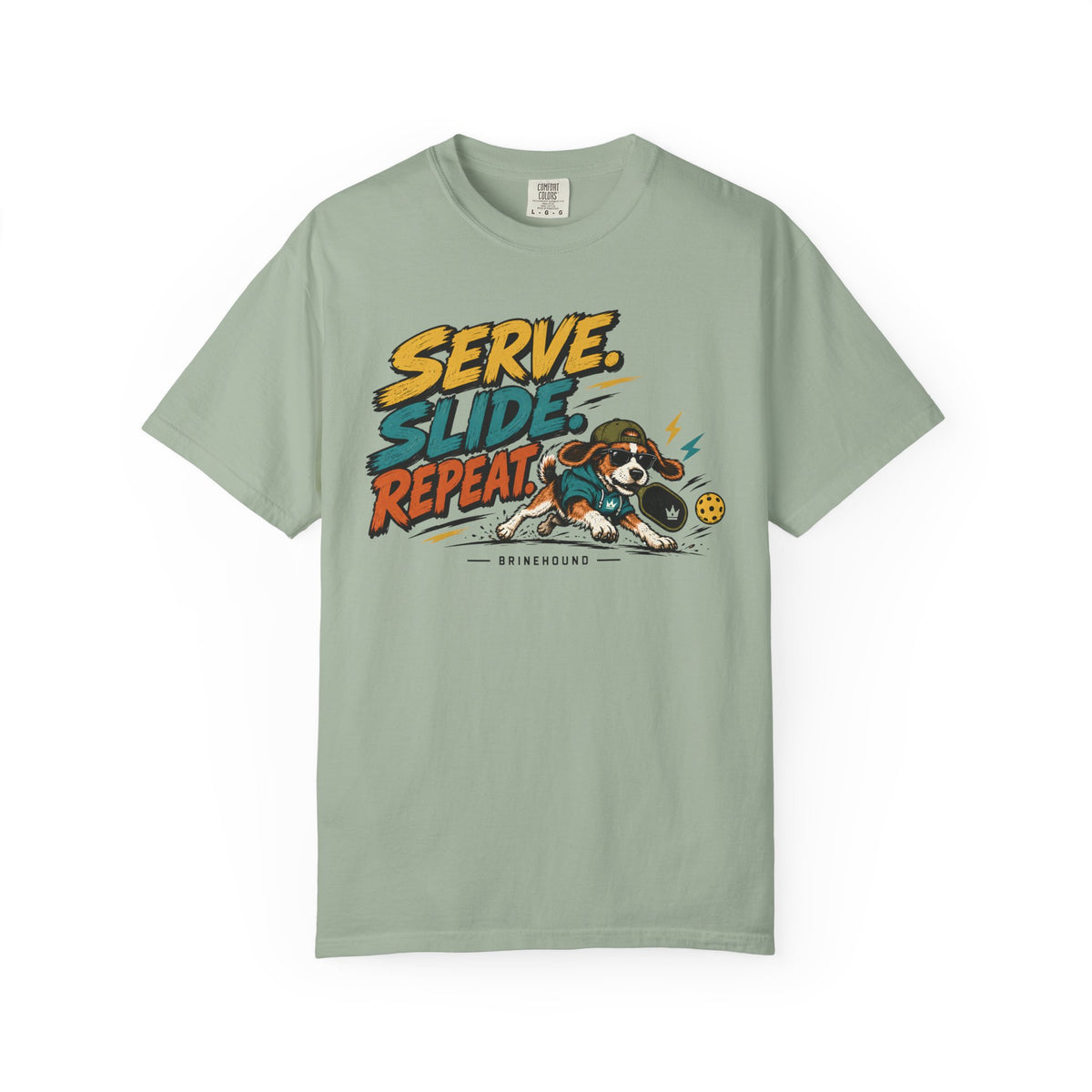 Brinehound T-shirt showing Serve Slide Repeat lettering and a dog in action.
