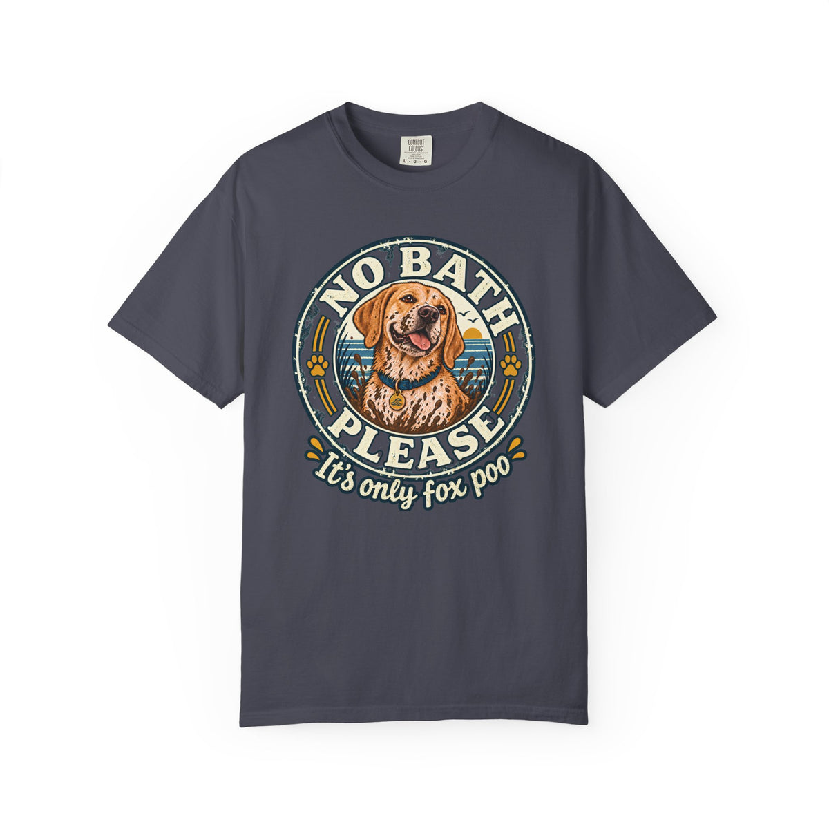 Brinehound T-shirt showing golden spaniel in a No Bath Please coastal badge.