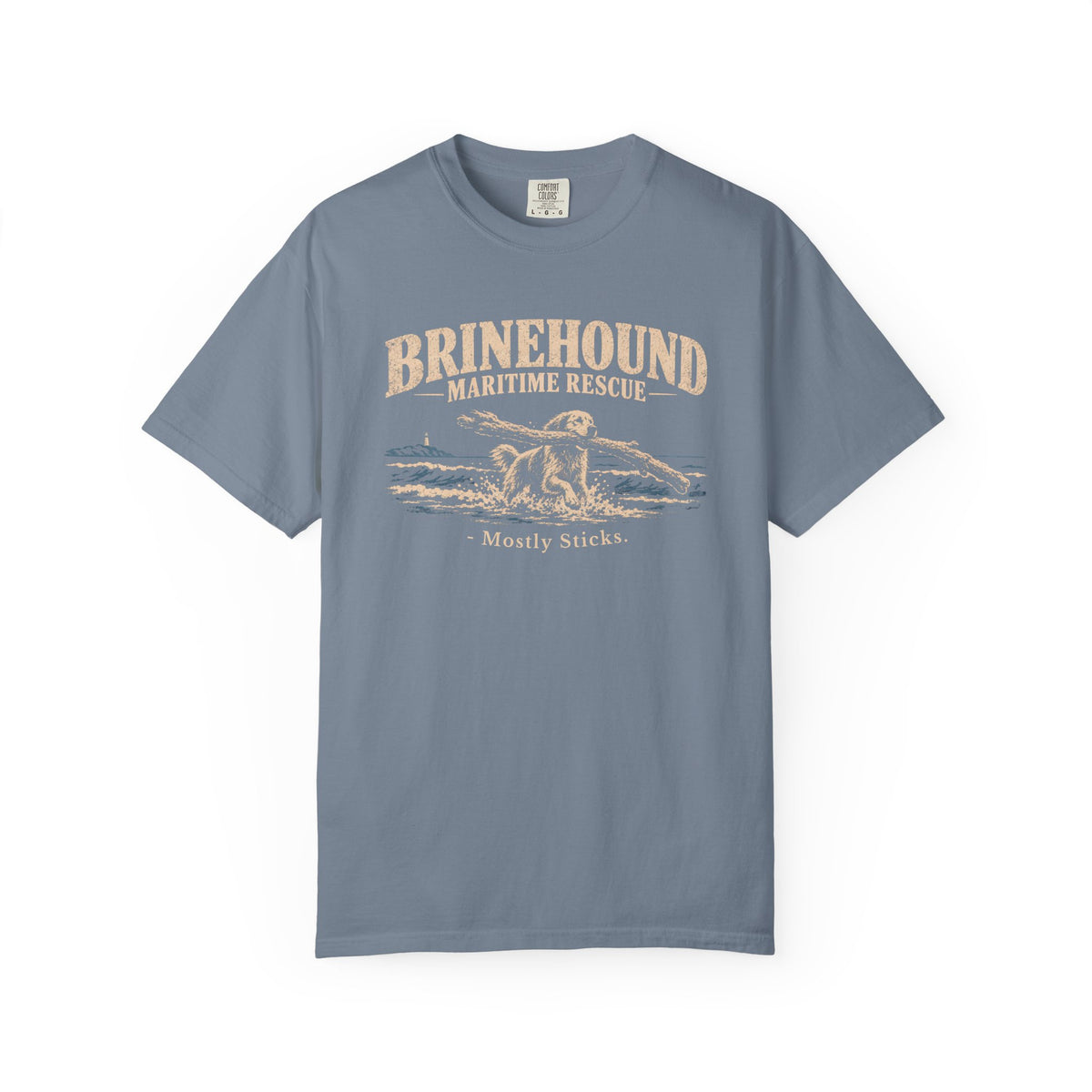Brinehound T-shirt showing Brinehound Maritime Dogs lettering and a coastal dog illustration.