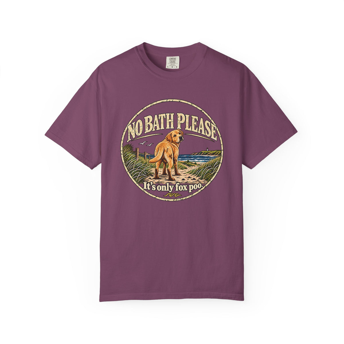 Brinehound T-shirt showing dog in a No Bath Please coastal badge.