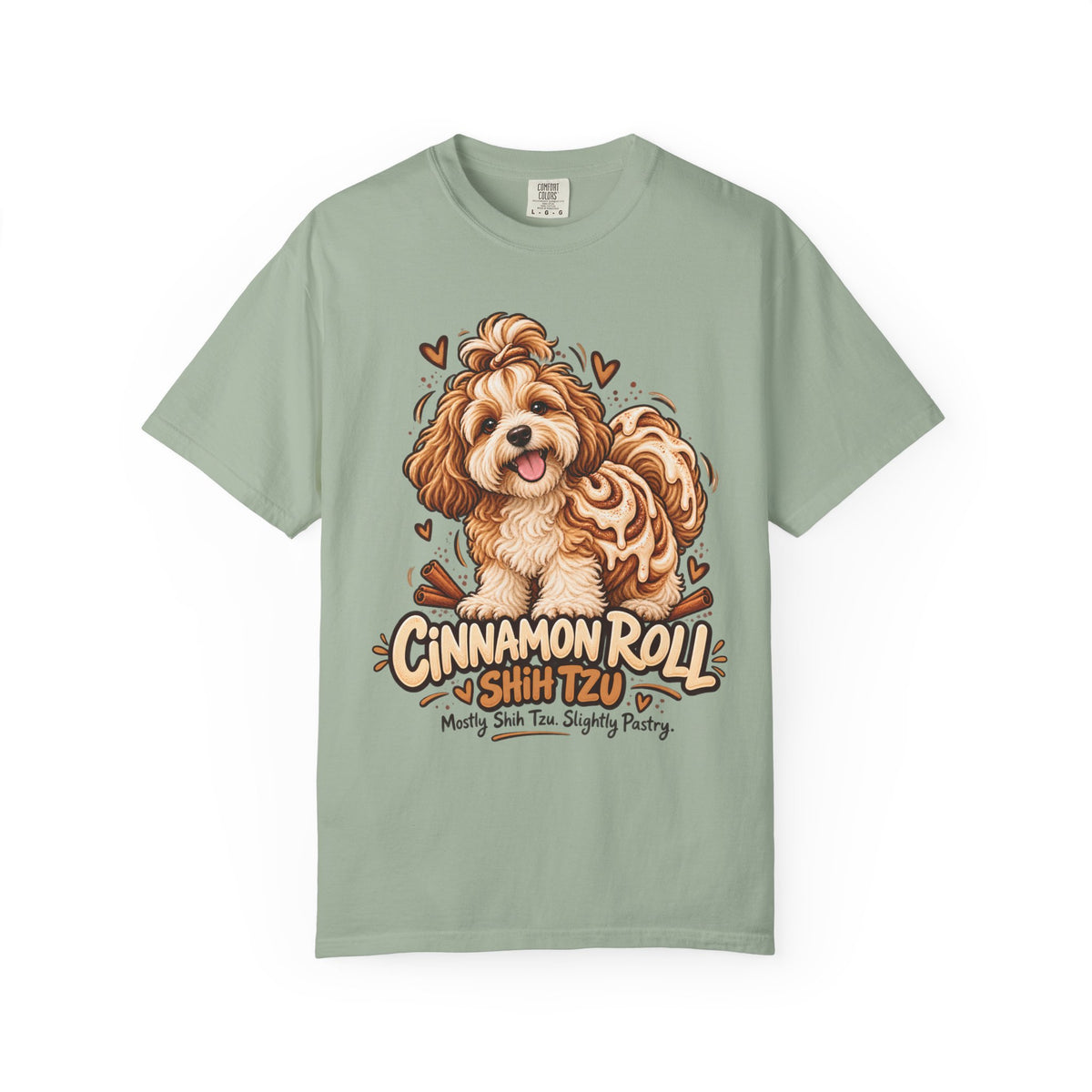 Brinehound T-shirt showing Cinnamon Roll lettering and a shaggy Shih Tzu.