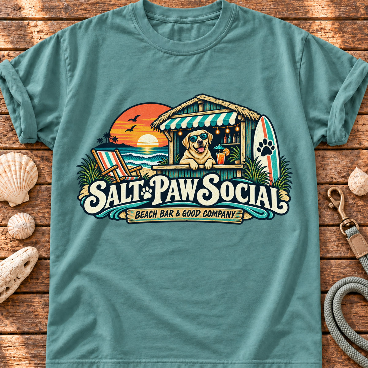 Brinehound T-shirt showing Salt Paw Social beach bar scene with a Labrador, surfboard and sunset.