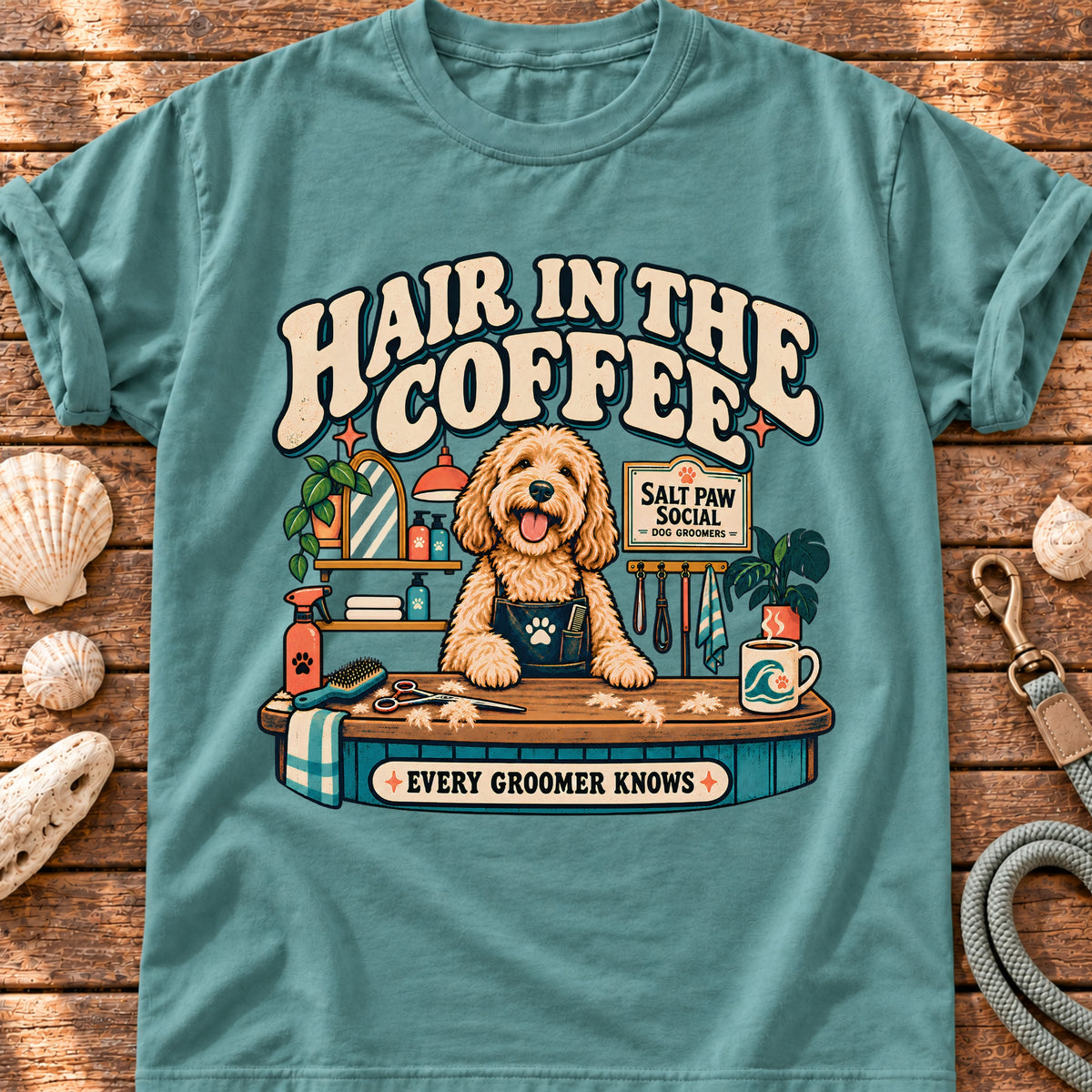 Flat-lay Brinehound T-shirt showing Hair in the Coffee lettering with a shaggy dog and grooming tools.