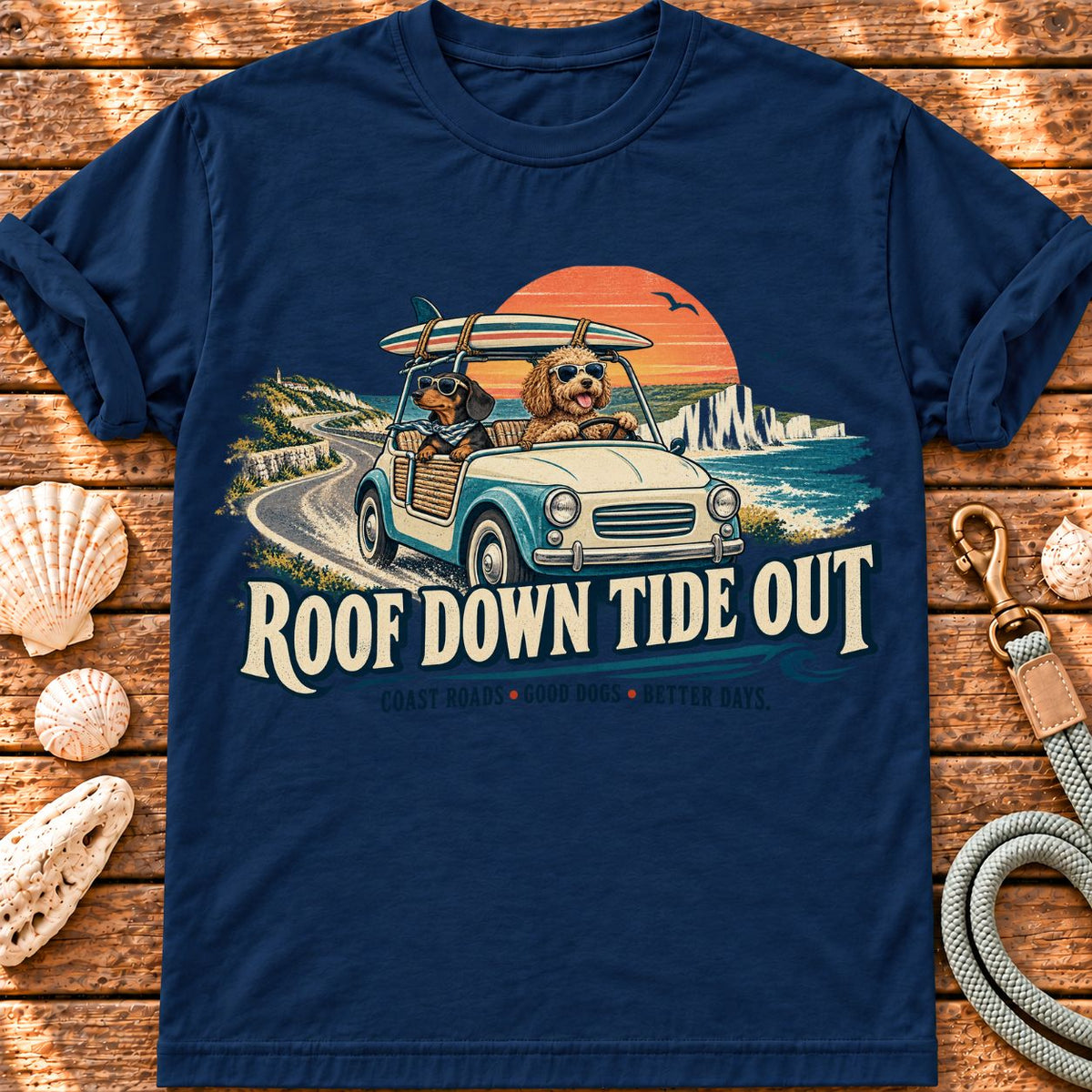 Roof Down – Tide Out – Dog Road Trip graphic T-shirt
