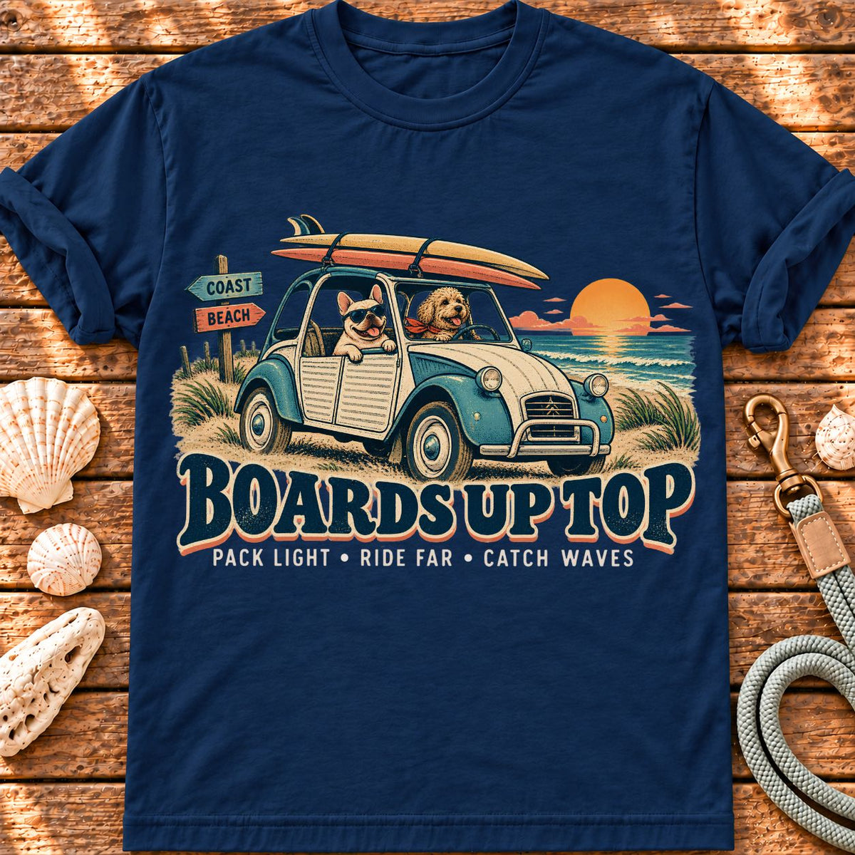 Boards Up Top – Dog Surf Road Trip graphic T-shirt