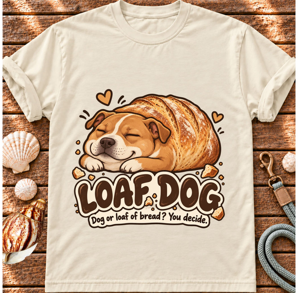Ivory Loaf Dog T-shirt laid flat on wood, featuring a sleeping dog shaped like a golden loaf of bread and the wording “Loaf Dog — Dog or loaf of bread? You decide.”