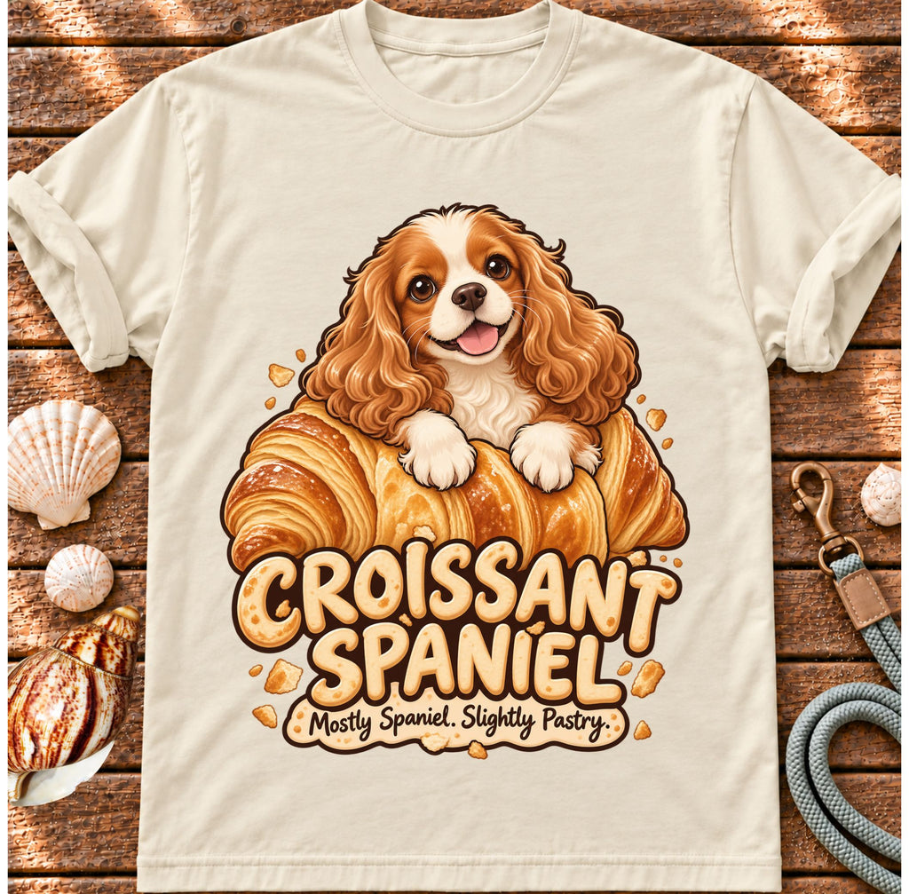 Ivory Croissant Spaniel T-shirt laid flat on wood, featuring a Cavalier spaniel combined with a golden croissant and the wording “Croissant Spaniel — Mostly Spaniel. Slightly Pastry.”