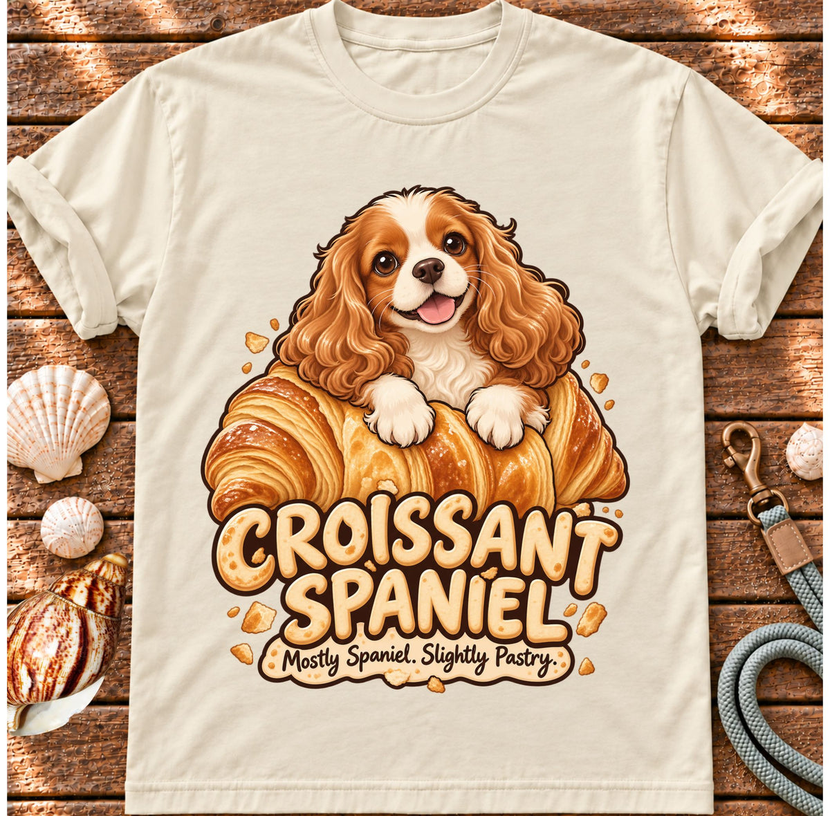 Ivory Croissant Spaniel T-shirt laid flat on wood, featuring a Cavalier spaniel combined with a golden croissant and the wording “Croissant Spaniel — Mostly Spaniel. Slightly Pastry.”