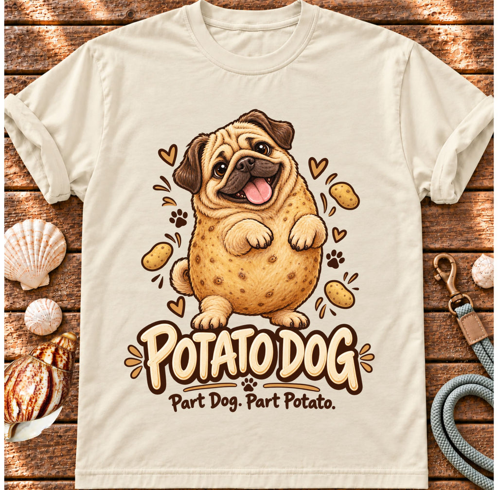 Ivory Potato Dog T-shirt laid flat on wood, featuring a pug with a potato-shaped body and the wording “Potato Dog — Part Dog. Part Potato.”