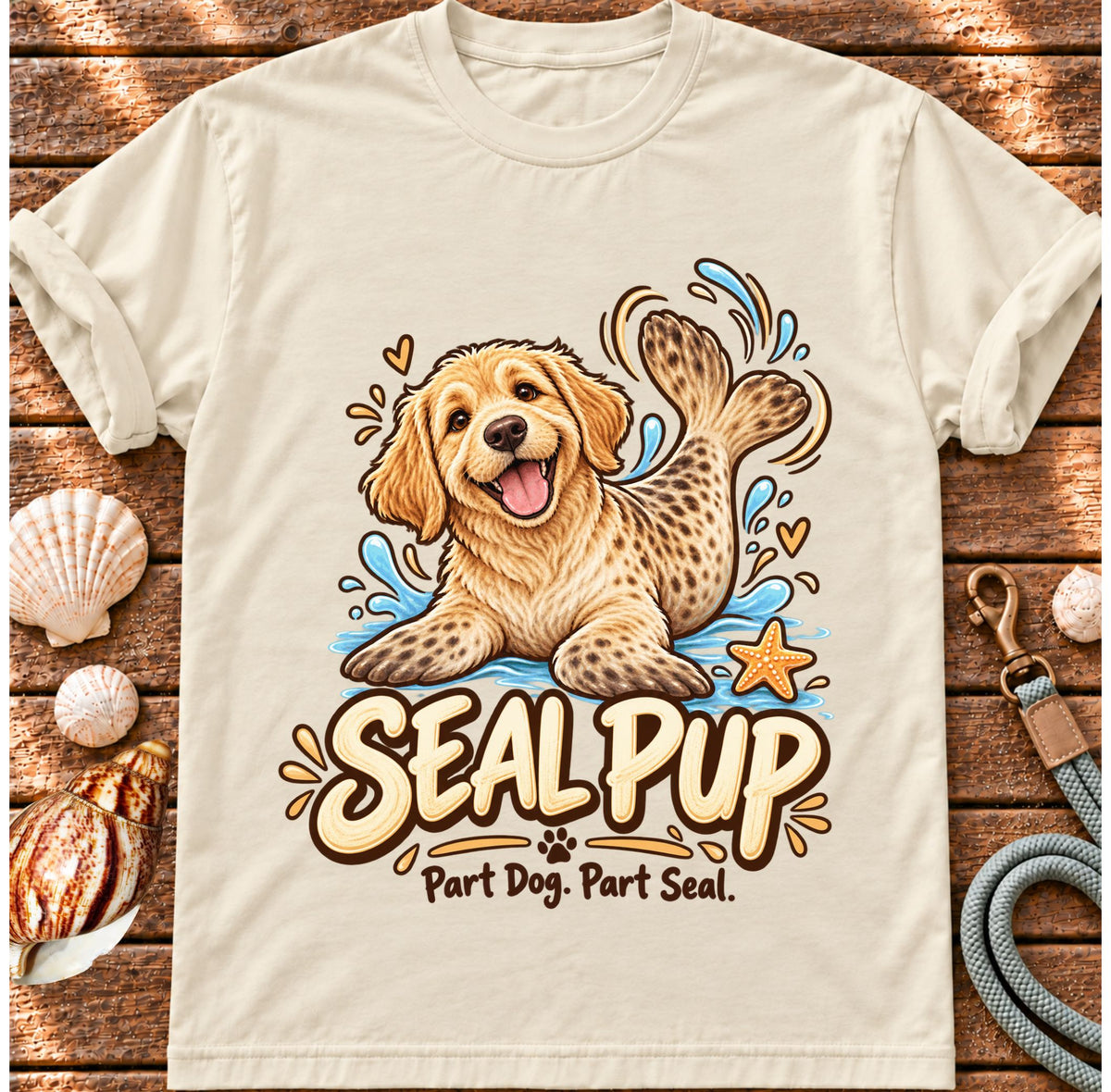 Ivory Seal Pup T-shirt laid flat on wood, featuring a golden dog with seal flippers and blue splashes and the wording “Seal Pup — Part Dog. Part Seal.”