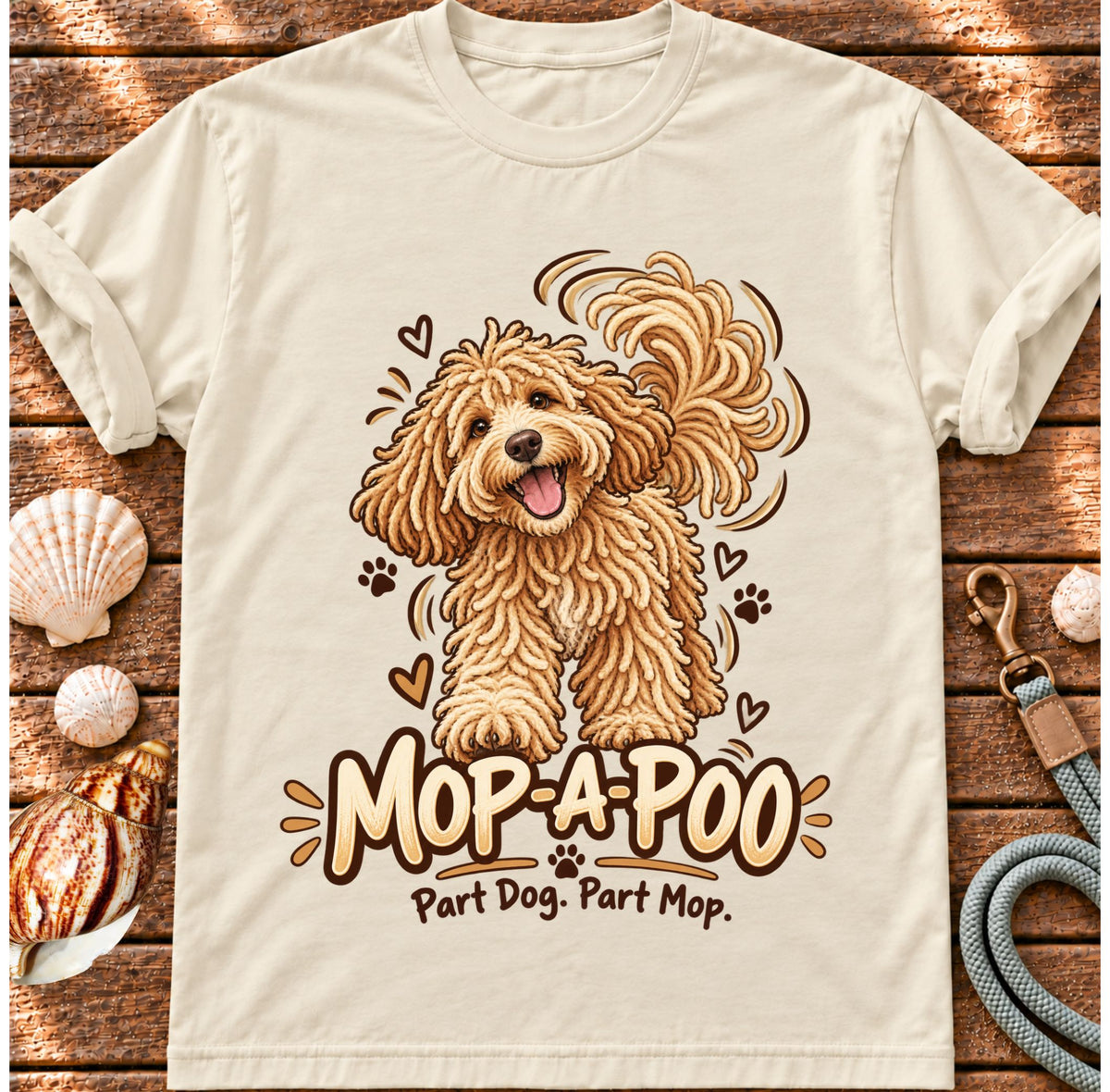 Ivory Mop-a-poo T-shirt laid flat on wood, featuring a golden shaggy dog with a sweeping tail and the wording “Mop-a-poo — Part Dog. Part Mop.”