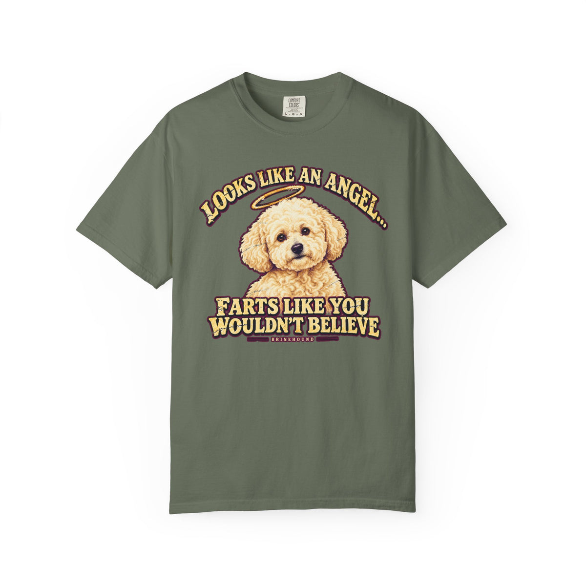 Front of a Moss T-shirt featuring Bichon Frise halo portrait and “Looks like an angel” lettering.
