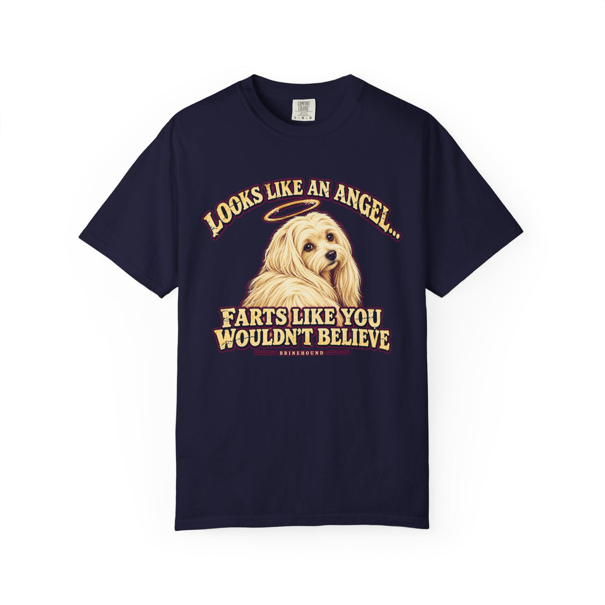 Front of a True Navy T-shirt featuring a Maltese portrait with a halo and “Looks like an angel” lettering print.