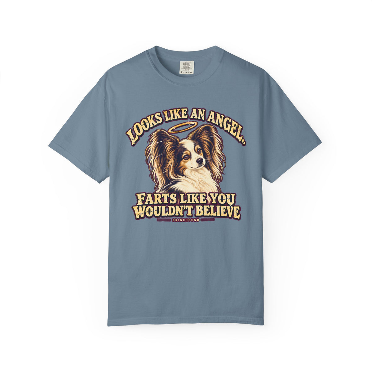 Front of a Ice Blue T-shirt featuring a Papillon portrait with a halo and “Looks like an angel” lettering print.