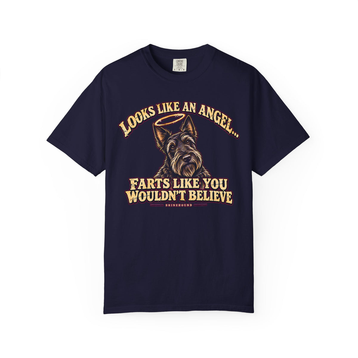 Front of a True Navy T-shirt featuring a Scottish Terrier portrait with a halo and “Looks like an angel” lettering print.