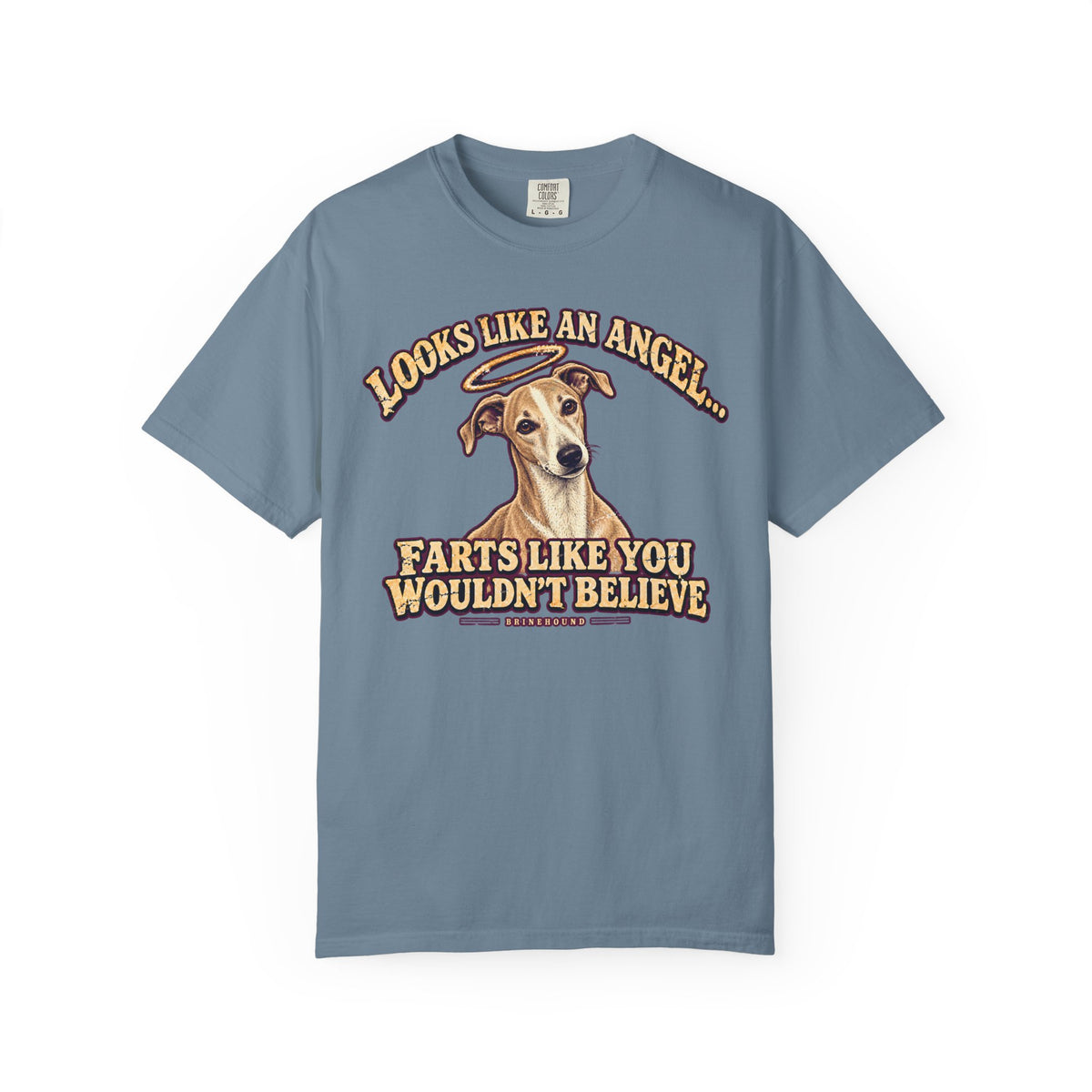 Front of a Ice Blue T-shirt featuring a Whippet portrait with a halo and “Looks like an angel” lettering print.