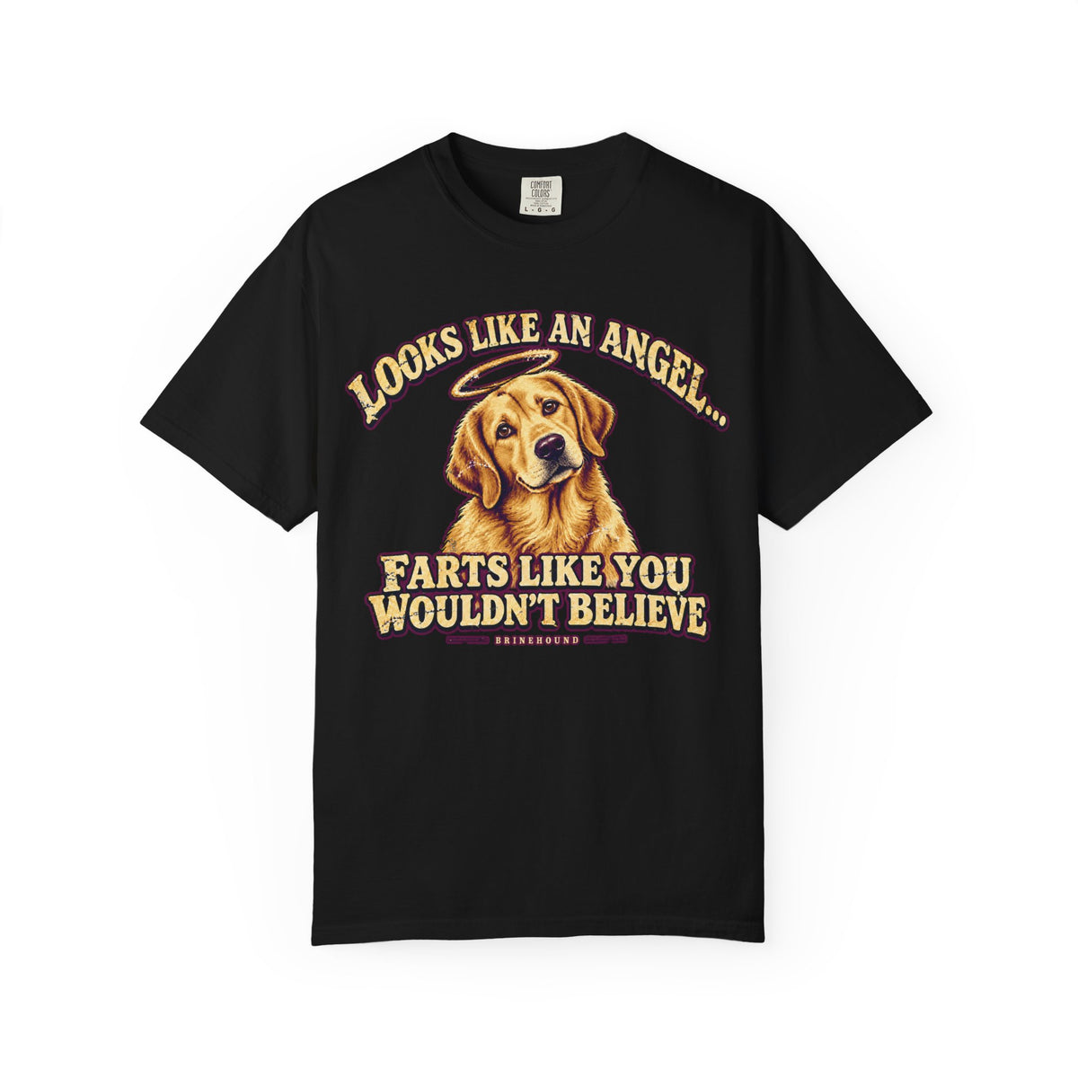 Front of a Black T-shirt with a vintage yellow Labrador with a halo and “Looks like an angel” lettering print.