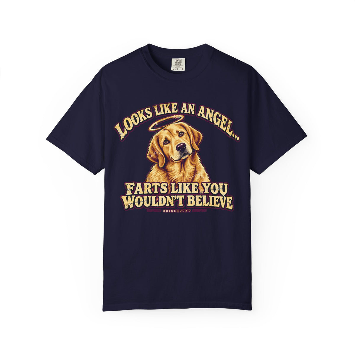 Front of a True Navy T-shirt with a vintage yellow Labrador with a halo and “Looks like an angel” lettering print.
