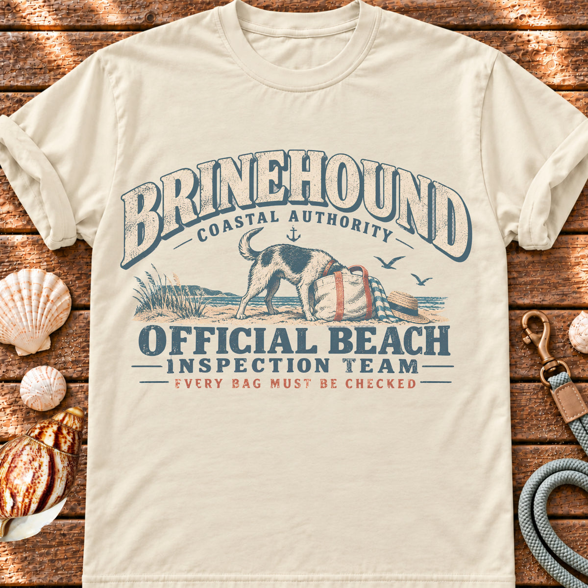 Beach Inspection Team vintage lifeguard graphic on an ivory T-shirt