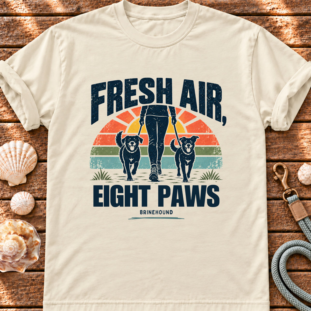 Eight Paws – Retro Sunrise Dog Walking graphic T-shirt