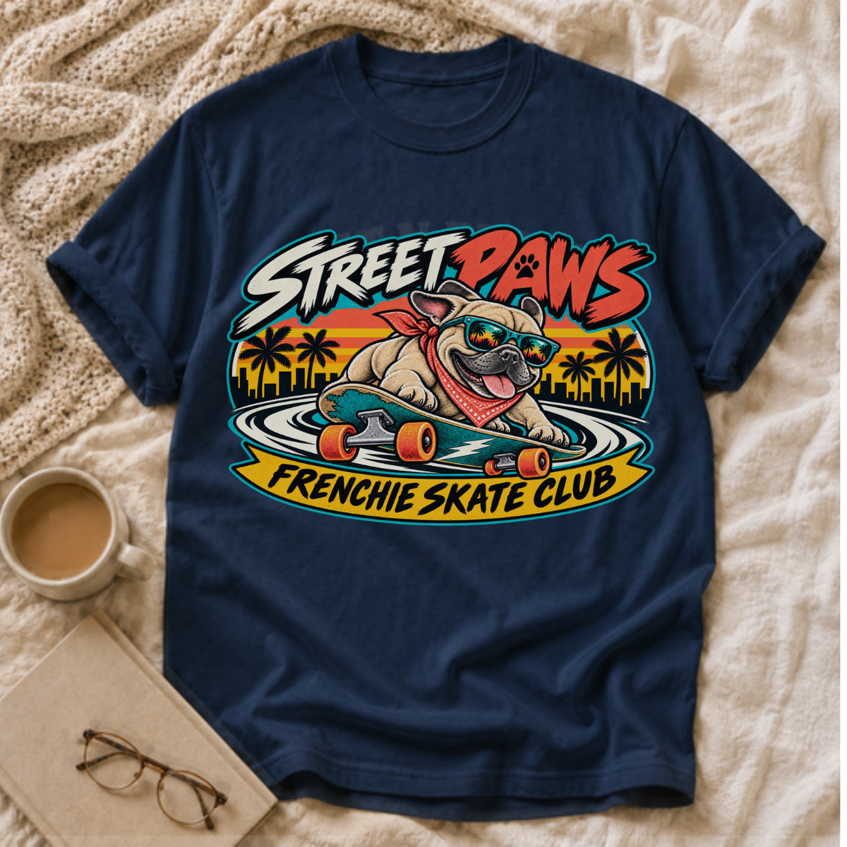 Street Paws – Skater Frenchie graphic T-shirt