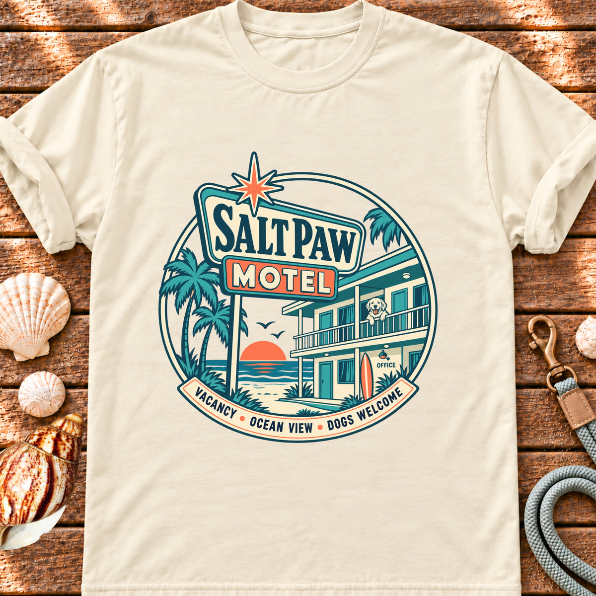 Salt Paw Motel retro coastal graphic on an ivory T-shirt