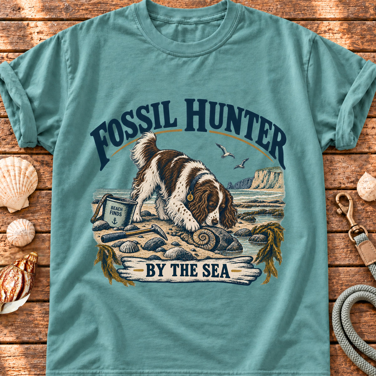 Springer Spaniel Fossil Hunter coastal graphic T-shirt