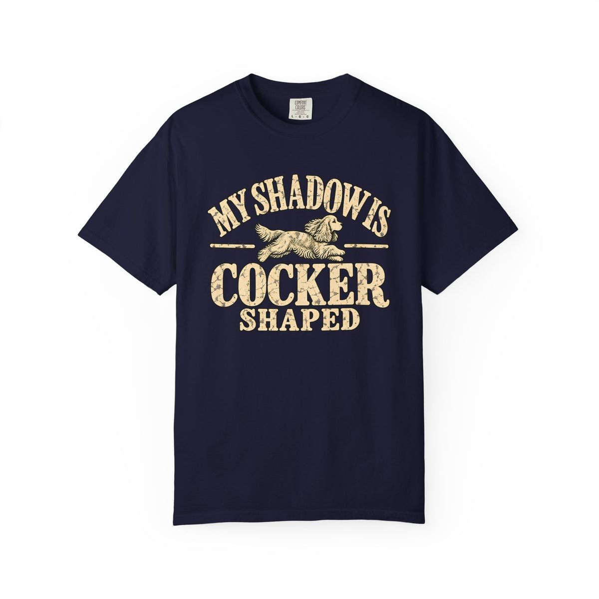Front of a True Navy T-shirt with the Cocker Spaniel illustration and “My shadow is cocker shaped” lettering.