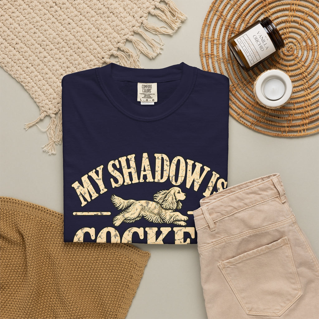 True Navy T-shirt with the Cocker Spaniel illustration and “My shadow is cocker shaped” lettering, styled with beige trousers and coffee.