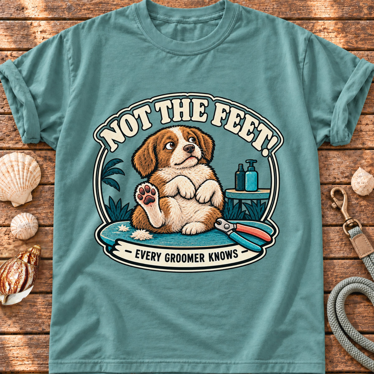 Front view of a Brinehound T-shirt showing a dog on a grooming table beneath Not the Feet lettering.