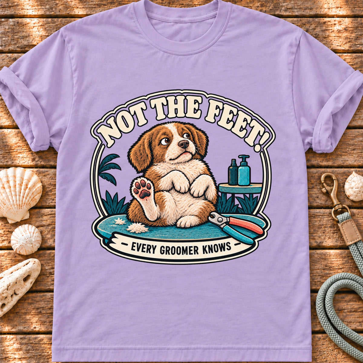 Front view of a Brinehound T-shirt showing a dog on a grooming table beneath Not the Feet lettering.