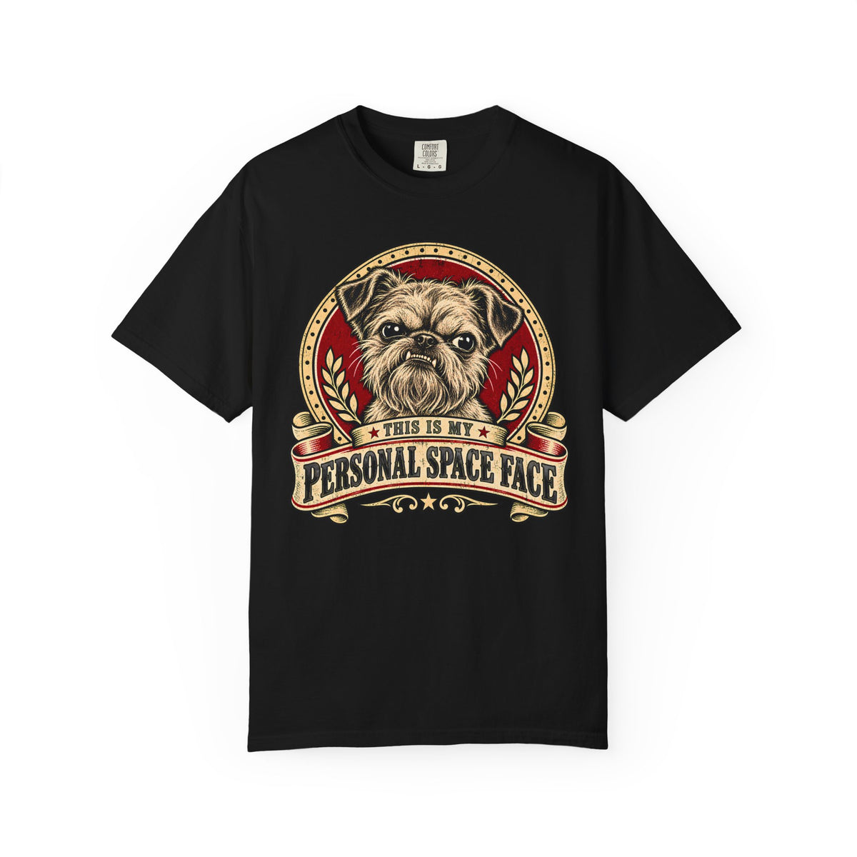 Front of a Black T-shirt with a vintage red-and-cream Bruxelles Griffon “This is my personal space face” badge.