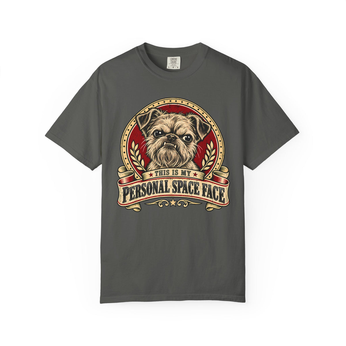Front of a Pepper T-shirt with a vintage red-and-cream Bruxelles Griffon “This is my personal space face” badge.